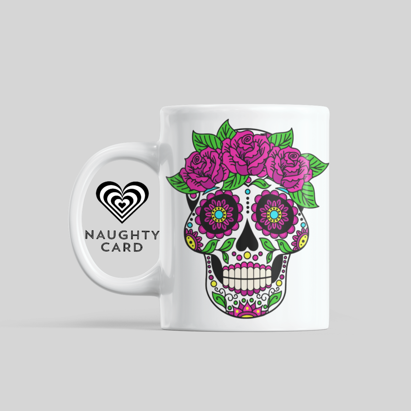 Sugar Skull Purple Flower Mug. Front view