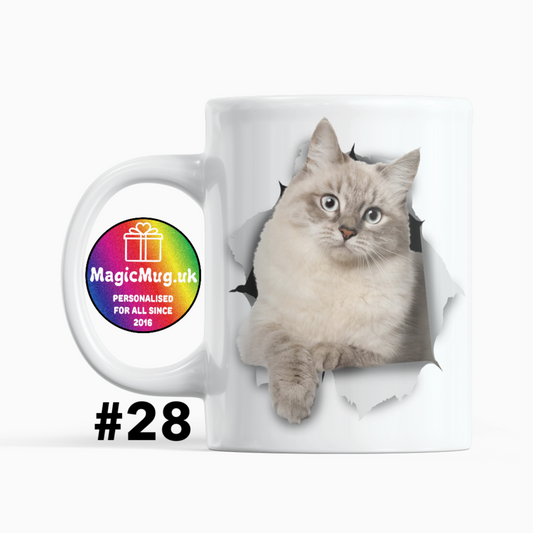 Shy Cat Magic Mug From NaughtyCard. White Mug on a plain white background. Personalised With Any Name.