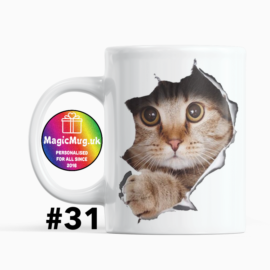 Birthday Gift. Cat Magic Mug From NaughtyCard. White Mug on a plain white background. Personalised With Any Name.