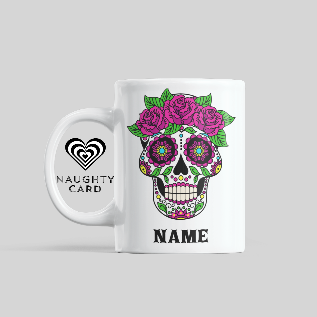 Sugar Skull Purple Flower Personalised Mug. Side View