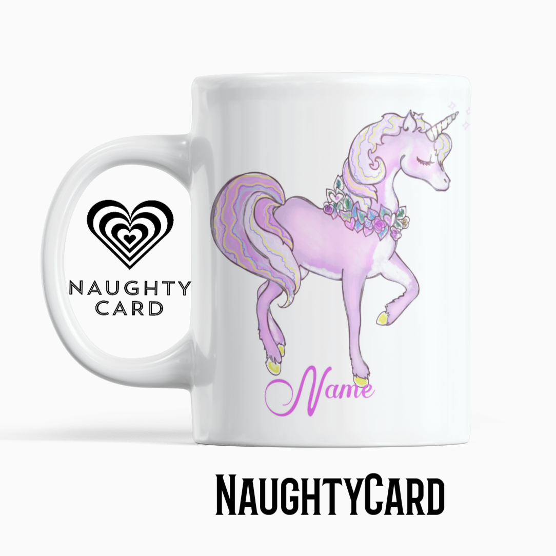 Pink Unicorn Personalised Mug From Naughtycard. White Mug Witha Pink unicorn on a plain white background. Front View