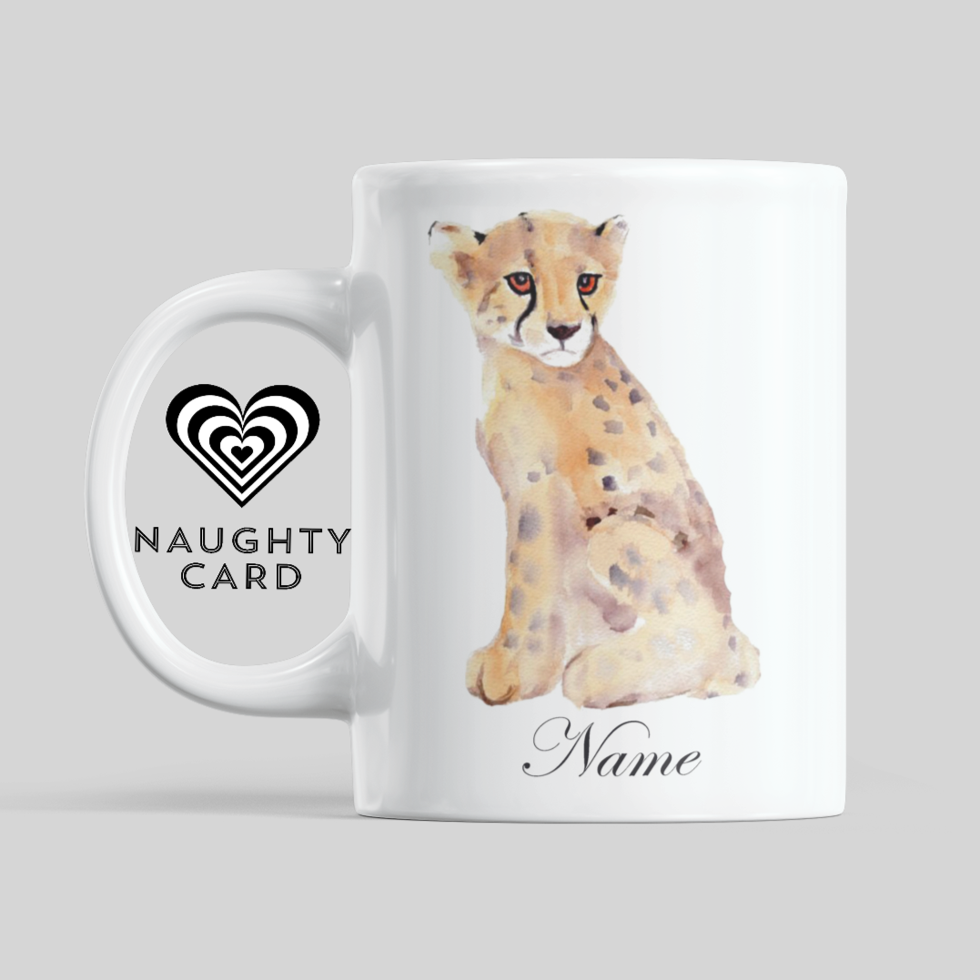 Cheetah Personalised Water Colour Mug From NaughtyCard. Watercolour animal mug.