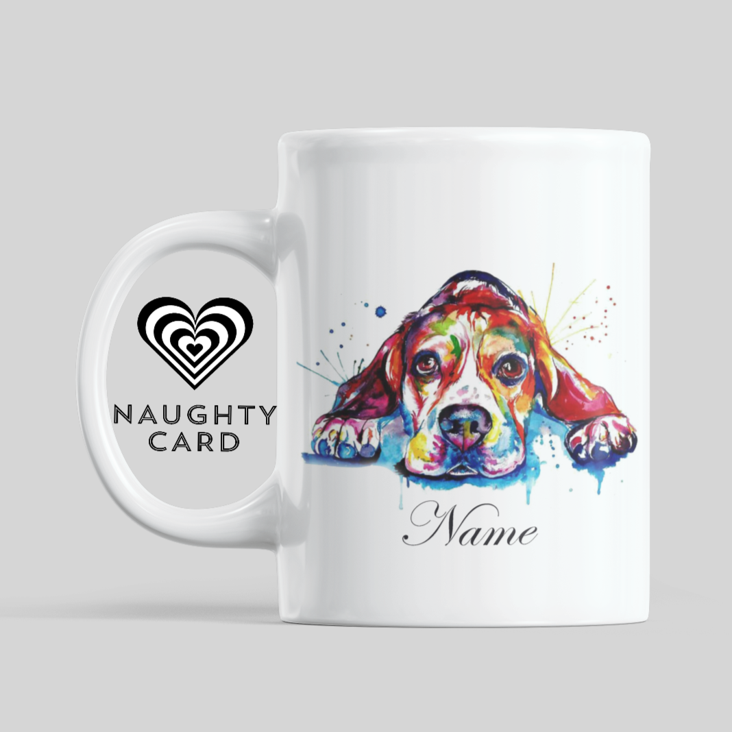 Beagle Personalised Water Colour Mug From NaughtyCard. Watercolour animal mug. White Mug on plain background