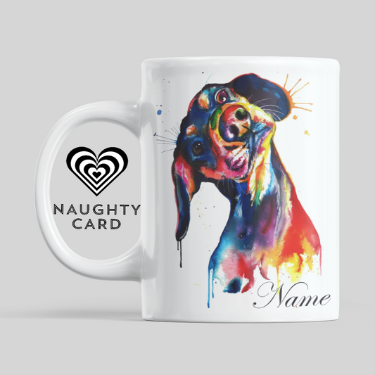 Dobermann Personalised Water Colour Mug From NaughtyCard. Watercolour animal mug.