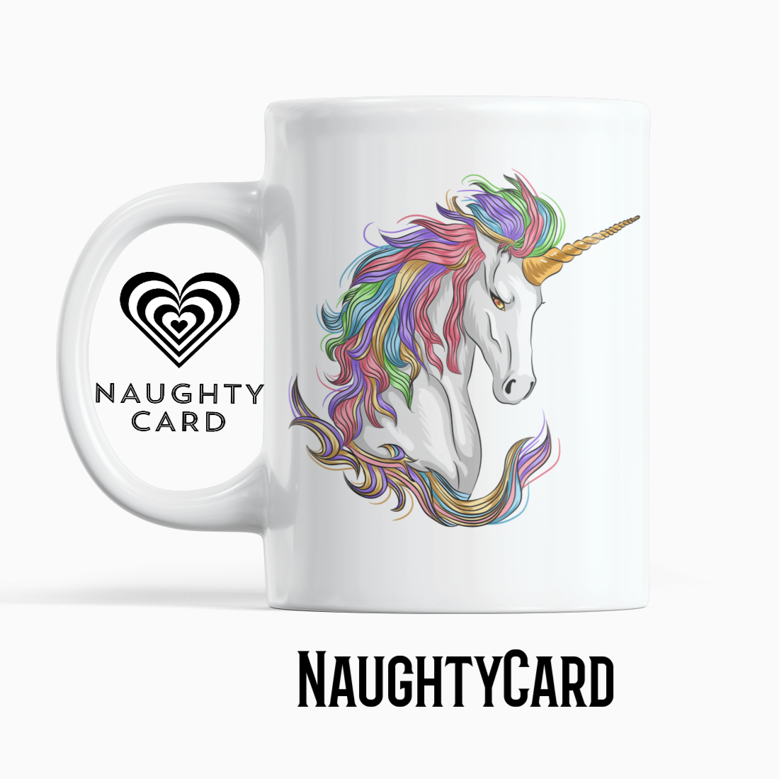 Unicorn Mug From NaughtyCard. Front View. Whit Mug on a white background.