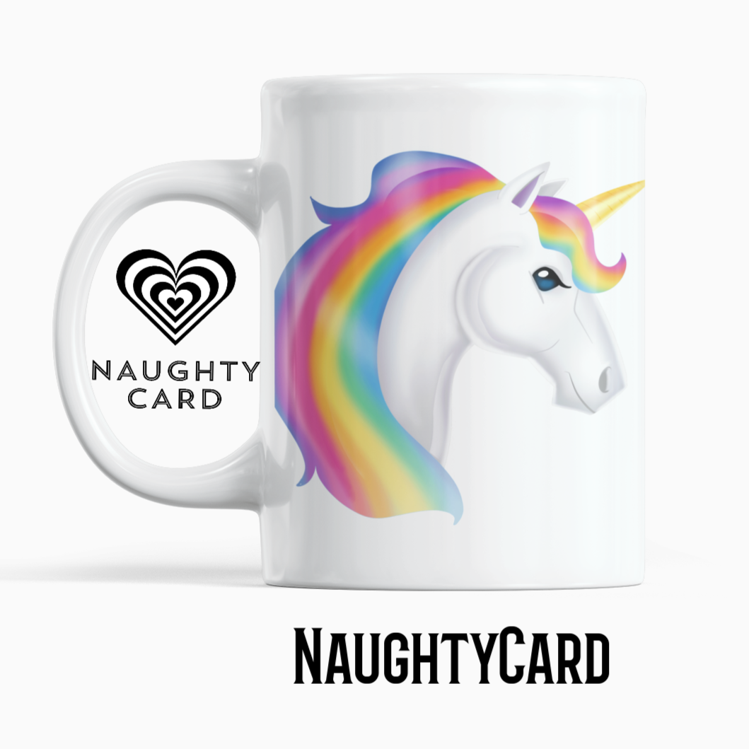 Rainbow Unicorn Personalised Mug from naughty card. White Mug on a plain white background. Front view