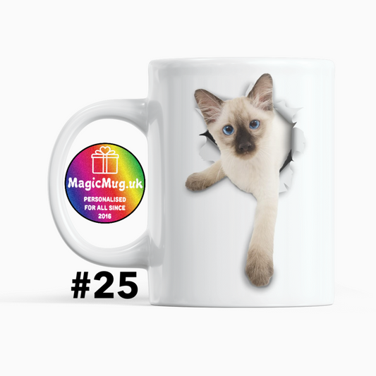 Cute Siamese Cat Magic Mug From NaughtyCard. White Mug on a plain white background. Personalised With Any Name.