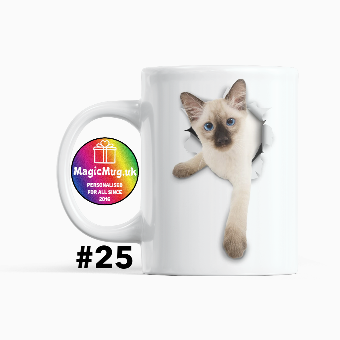 Siamese Cute Cat Magic Mug From NaughtyCard. White Mug on a plain white background. Personalised With Any Name.