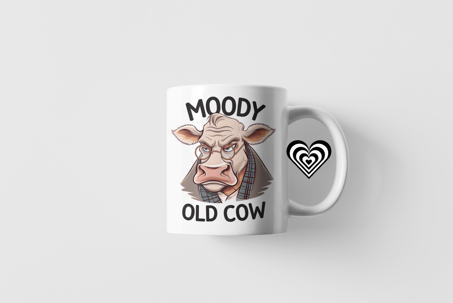 Moody Cow White Mug on a plain white background