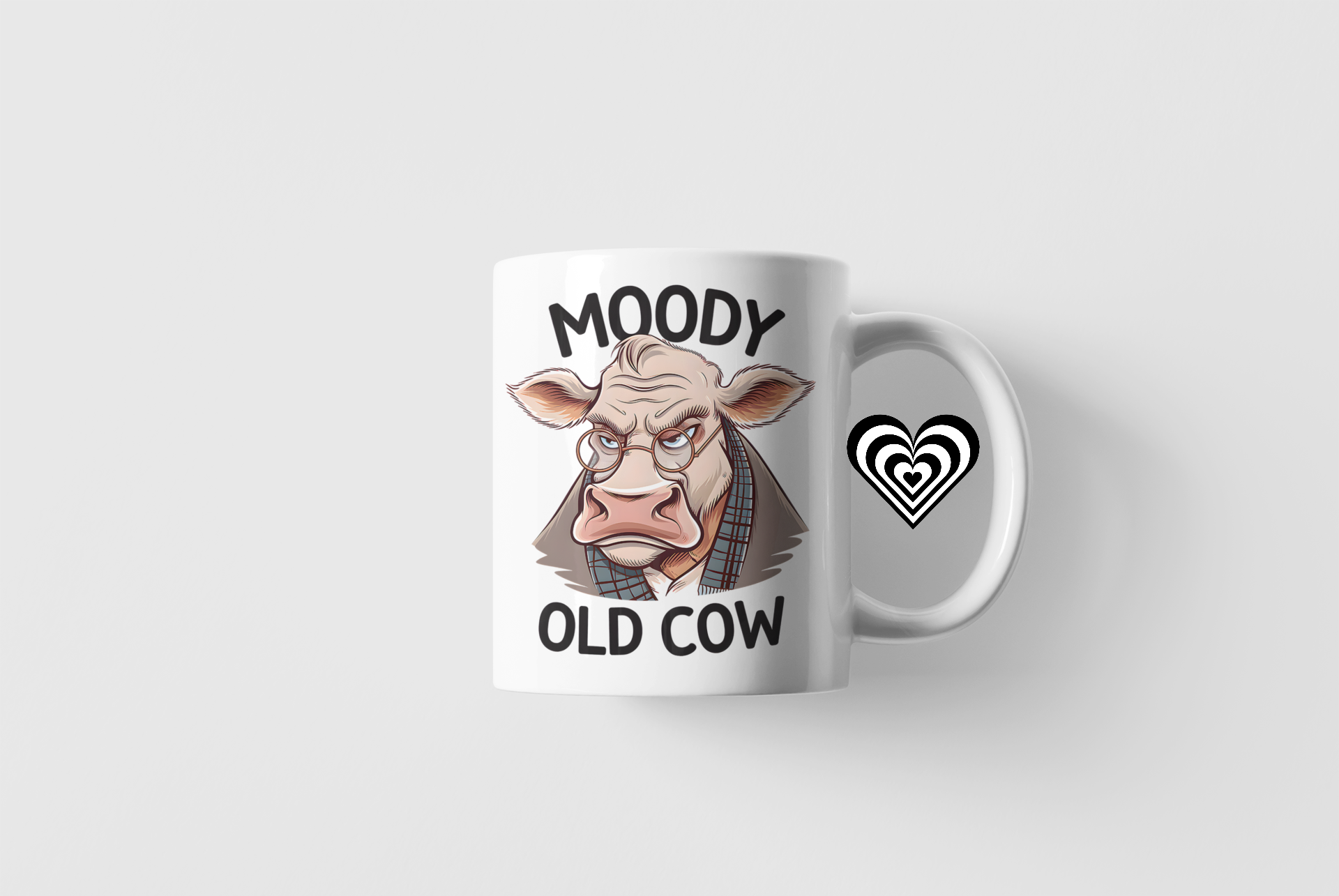 Moody Cow White Mug on a plain white background
