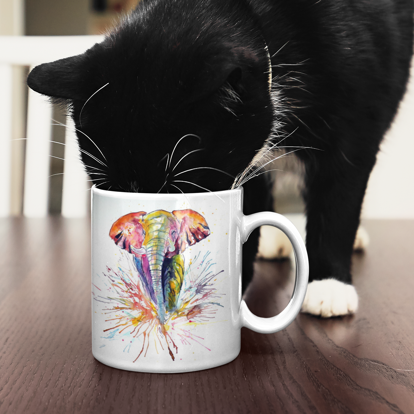 Cat Drinking From an Elephant Personalised Water Colour Mug From NaughtyCard. Watercolour animal mug.