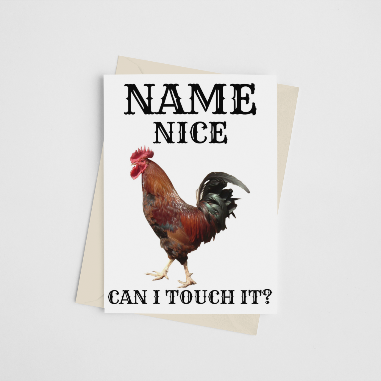 Card with a rooster illustration and text on a white background