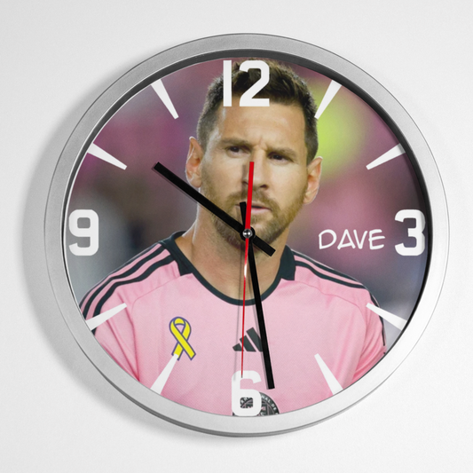 A wall clock featuring a Lionel Messi with the name 'DAVE' displayed on the clock face.