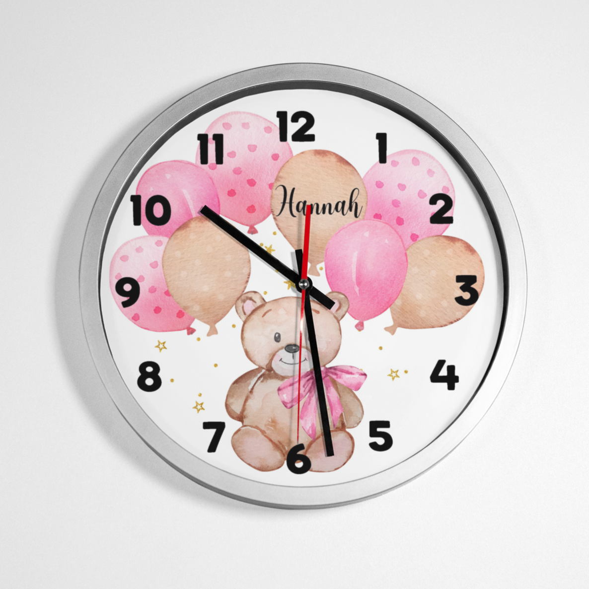 Teddy [personalised Clock With Pink Balloons