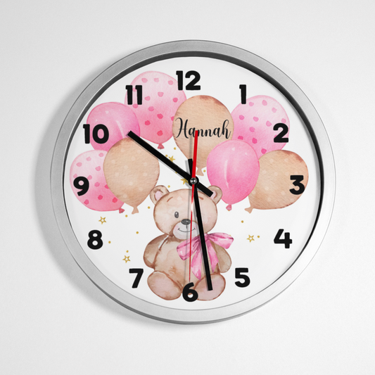 Teddy [personalised Clock With Pink Balloons