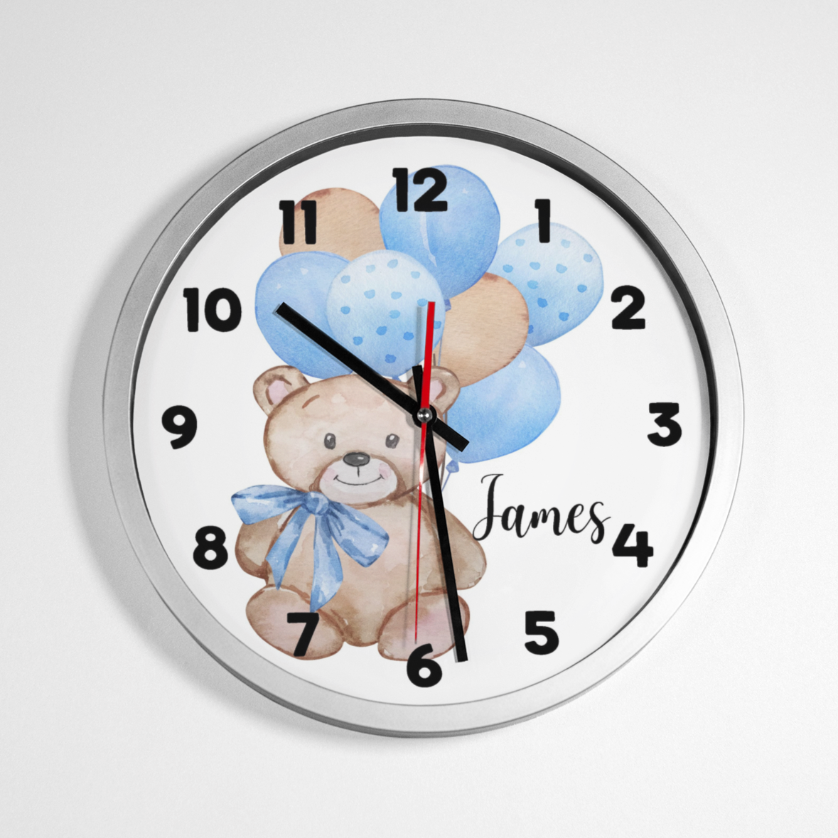 Personalised Teddy Bear Clock With Blue Balloons
