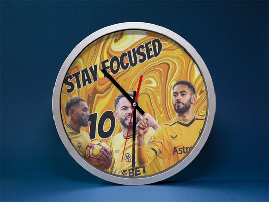 Matheus Cunha Wall clock with Football team design and 'Stay Focused' text on a blue background