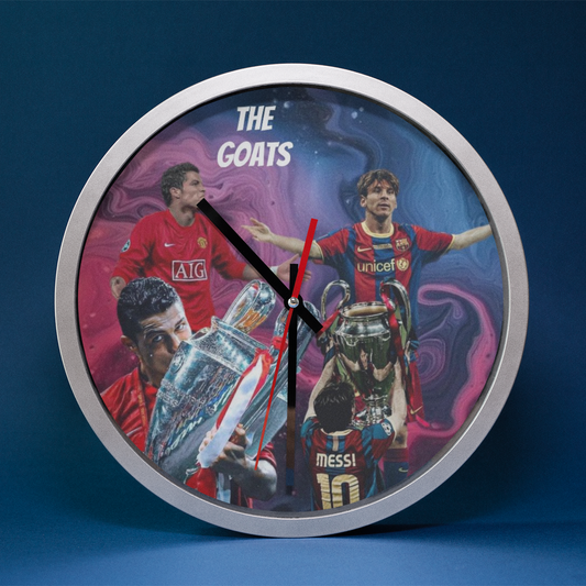 Wall clock with images of Football players and text 'The Goats' on a blue background