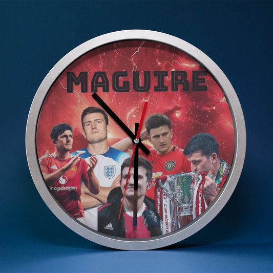 Wall clock with images of Football player Harry Maguire and the name 'Maguire' on a red background.