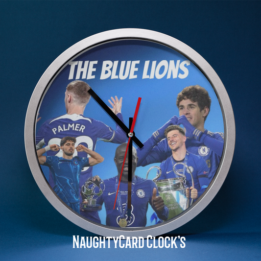 Wall clock with images of Football Players in blue jerseys and 'The Blue Lions' text on a blue background