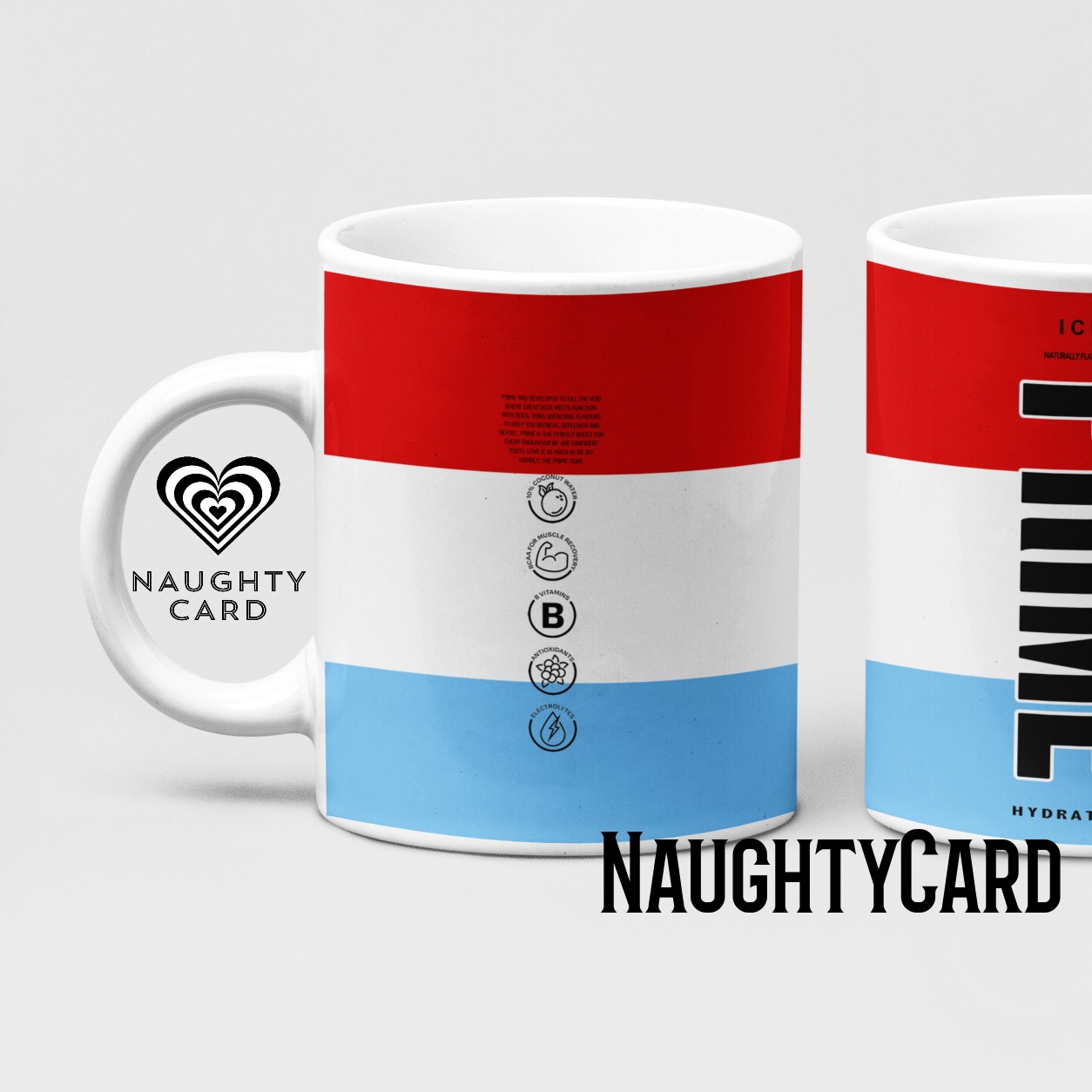 Prime Hydration Inspired Mug. Heat reveal magic mug. Birthday Gift. Christmas Gift. Mug from NaughtyCard. Ic Pop Prime. White Mug Rear view