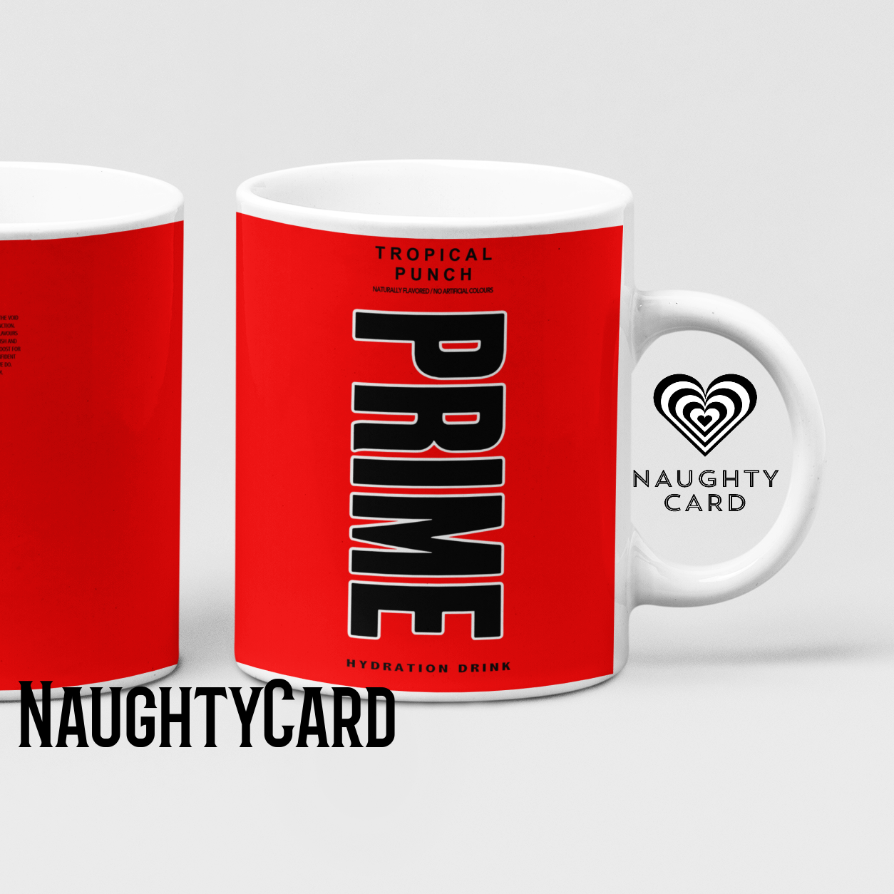 Tropical Punch Prime Hydration Inspired Mug. Heat reveal magic mug. Birthday Gift. Christmas Gift. Mug from NaughtyCard. Prime Red Front View