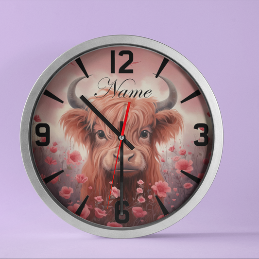 Silver Metal Wall clock featuring an image of a highland cow and "name" can be personalised with any name