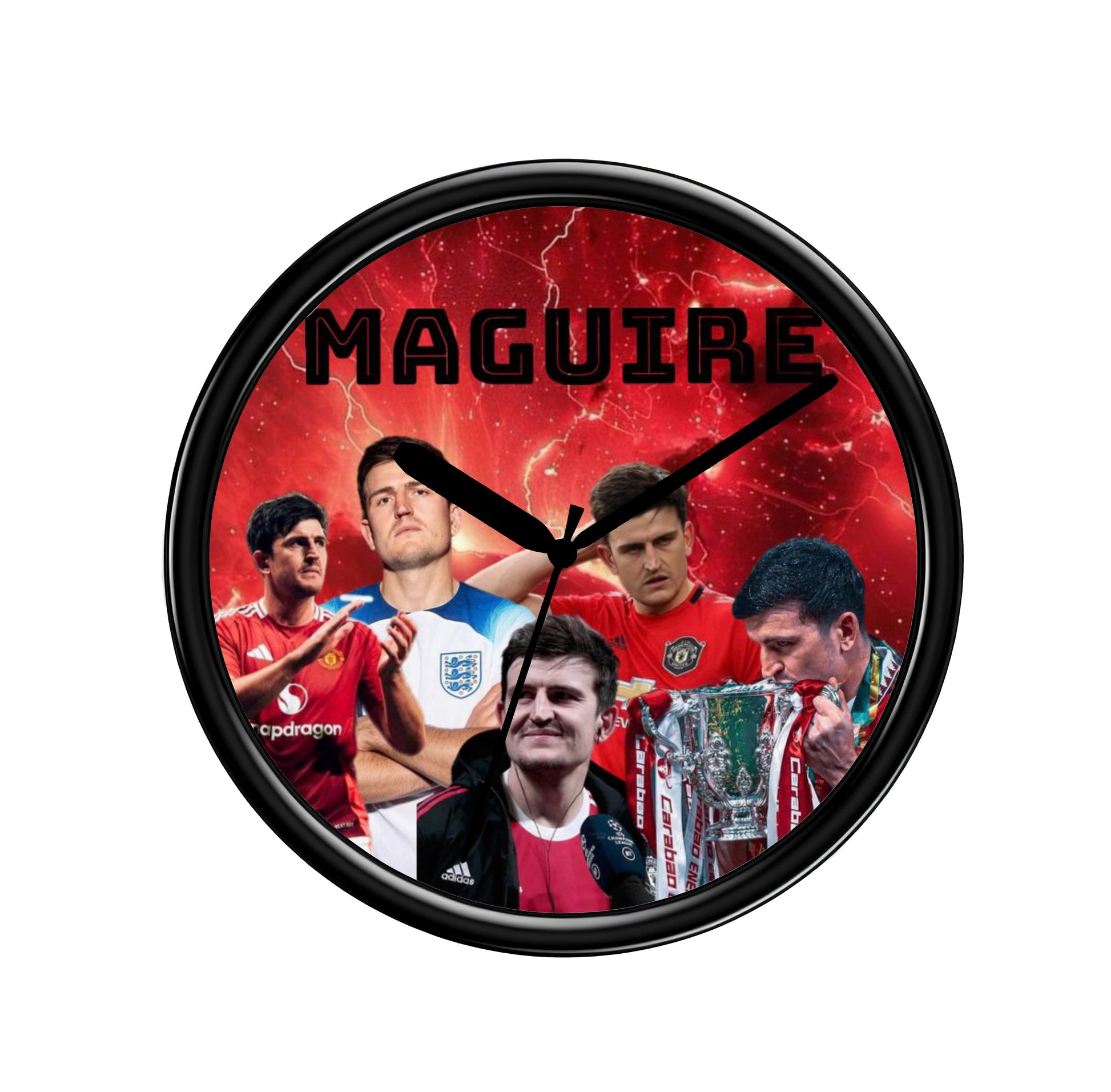 Wall clock with images of a sports figure and the name 'Maguire' on a red background. Harry Maguire Wall Clock