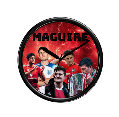 Wall clock with images of a sports figure and the name 'Maguire' on a red background. Harry Maguire Wall Clock
