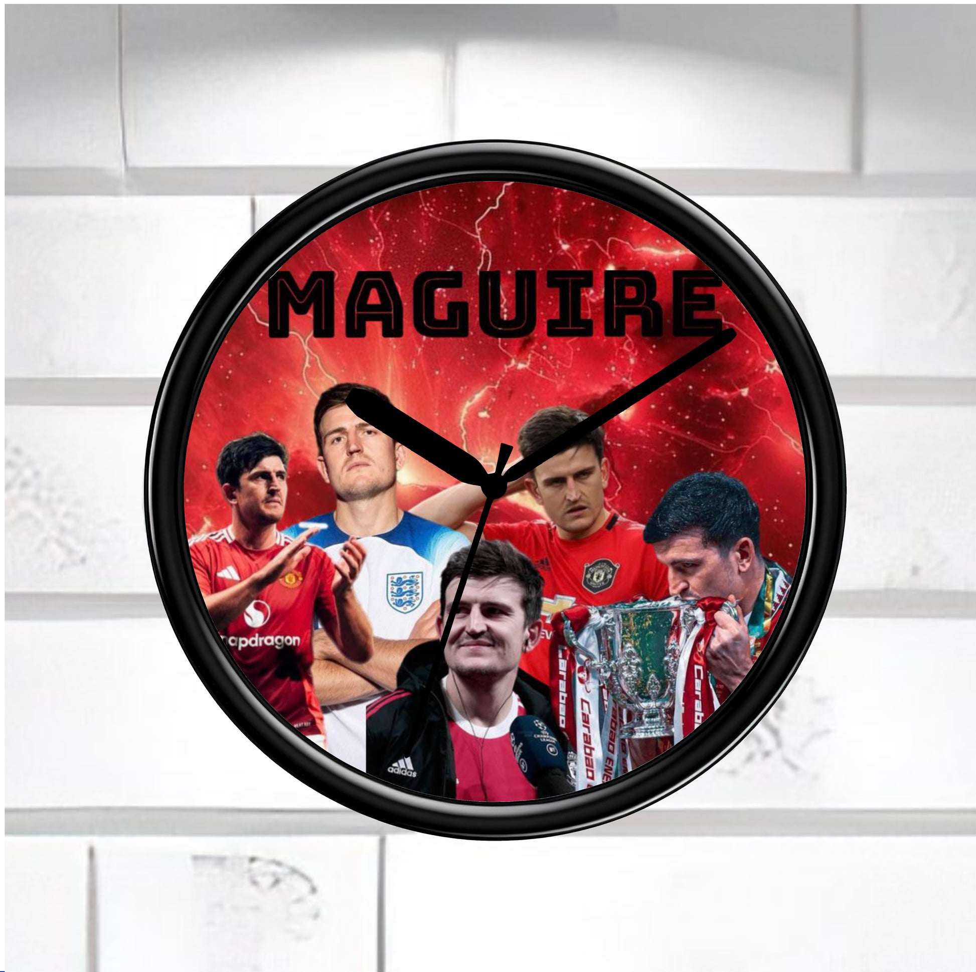 Harry Maguire Wall clock with images of a sports figure and text on a red background
