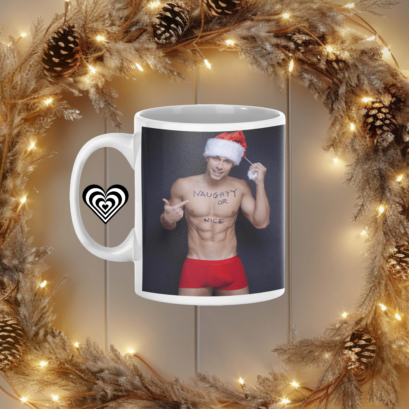 Man in red pants Christmas mug on a christmas theme background adult gift