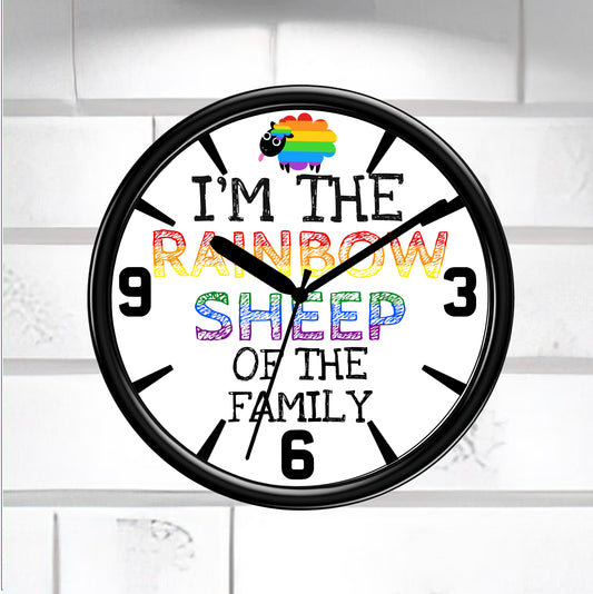 Wall clock with rainbow sheep design and text on a white brick wall background