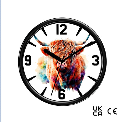 Wall clock with a colorful highland cow design on a white background