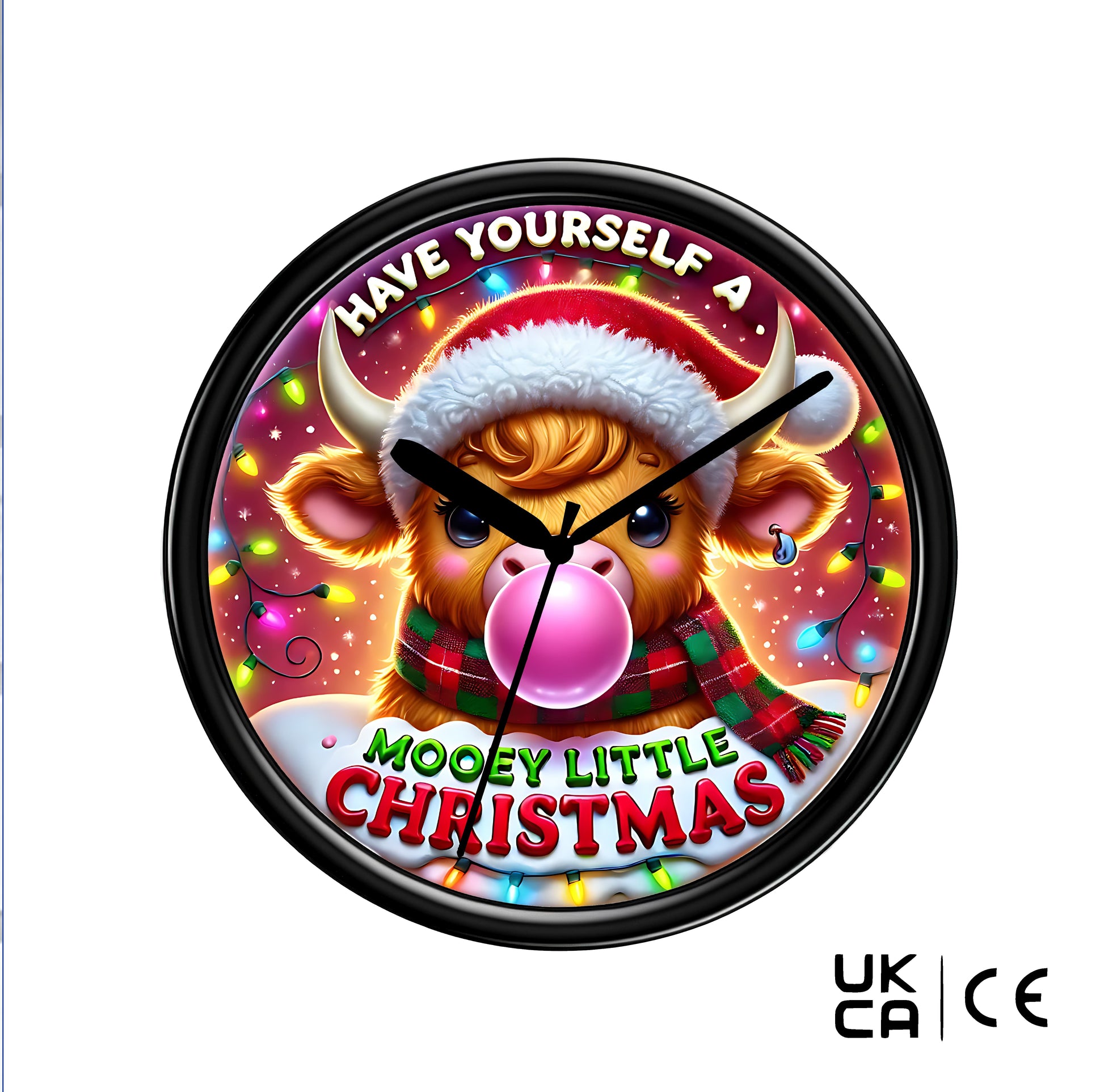 Christmas-themed clock with a cow wearing a Santa hat and scarf, surrounded by colorful lights.