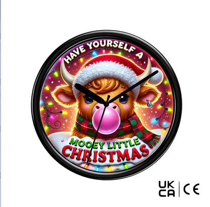 Christmas-themed clock with a cow wearing a Santa hat and scarf, surrounded by colorful lights.