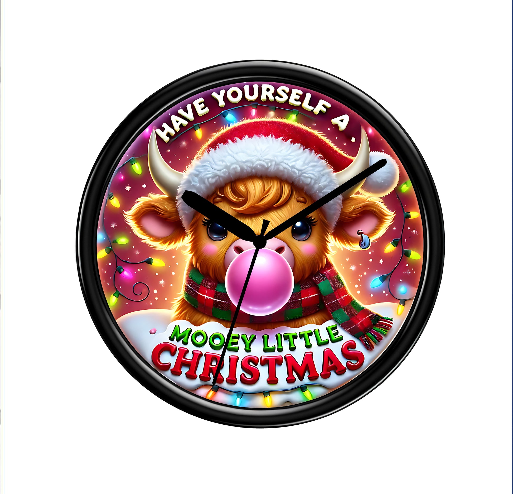 Christmas-themed clock with a cow wearing a Santa hat and colorful text on a white background