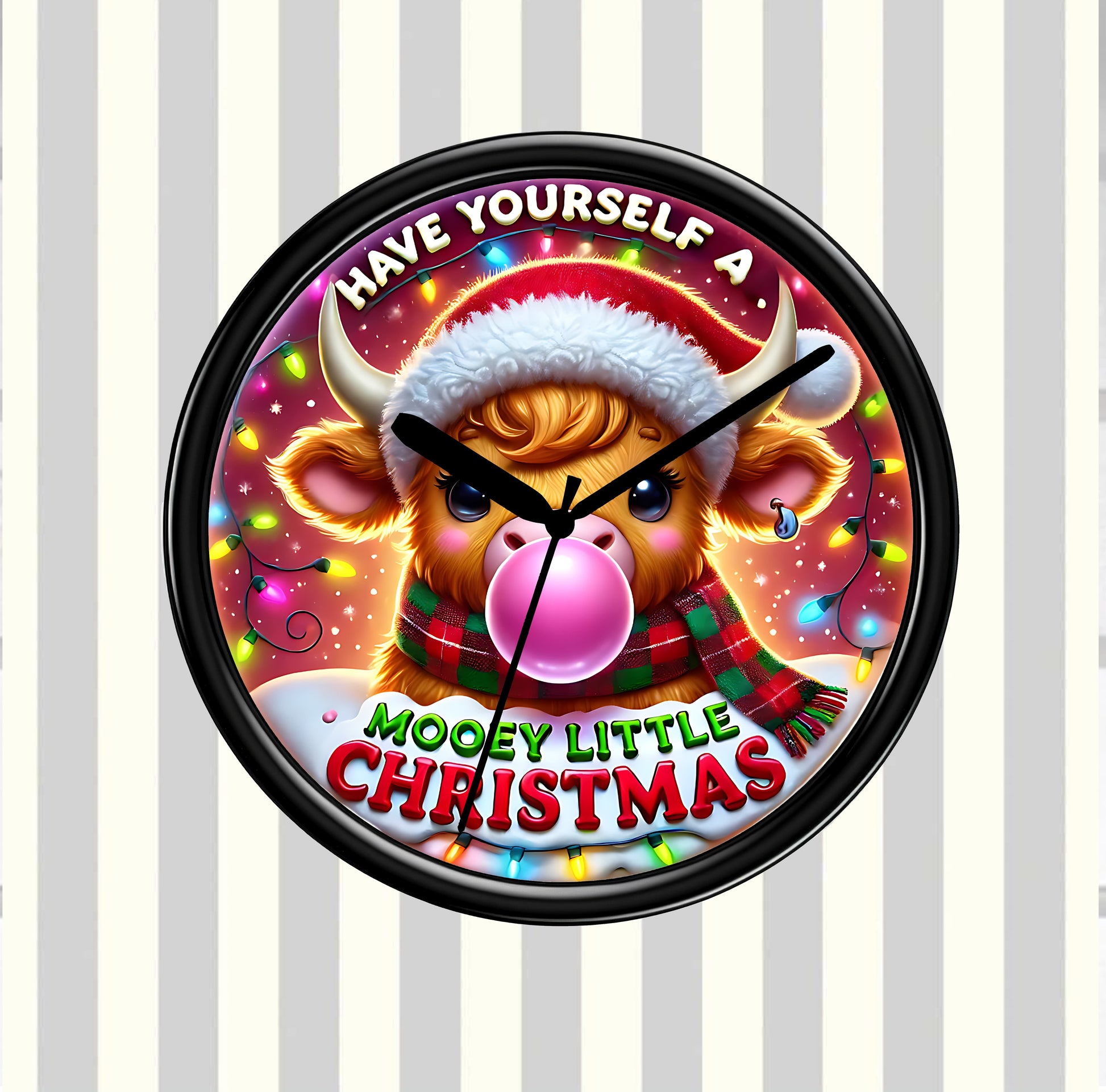 Christmas-themed clock with a cartoon cow blowing a bubblegum bubble on a striped background