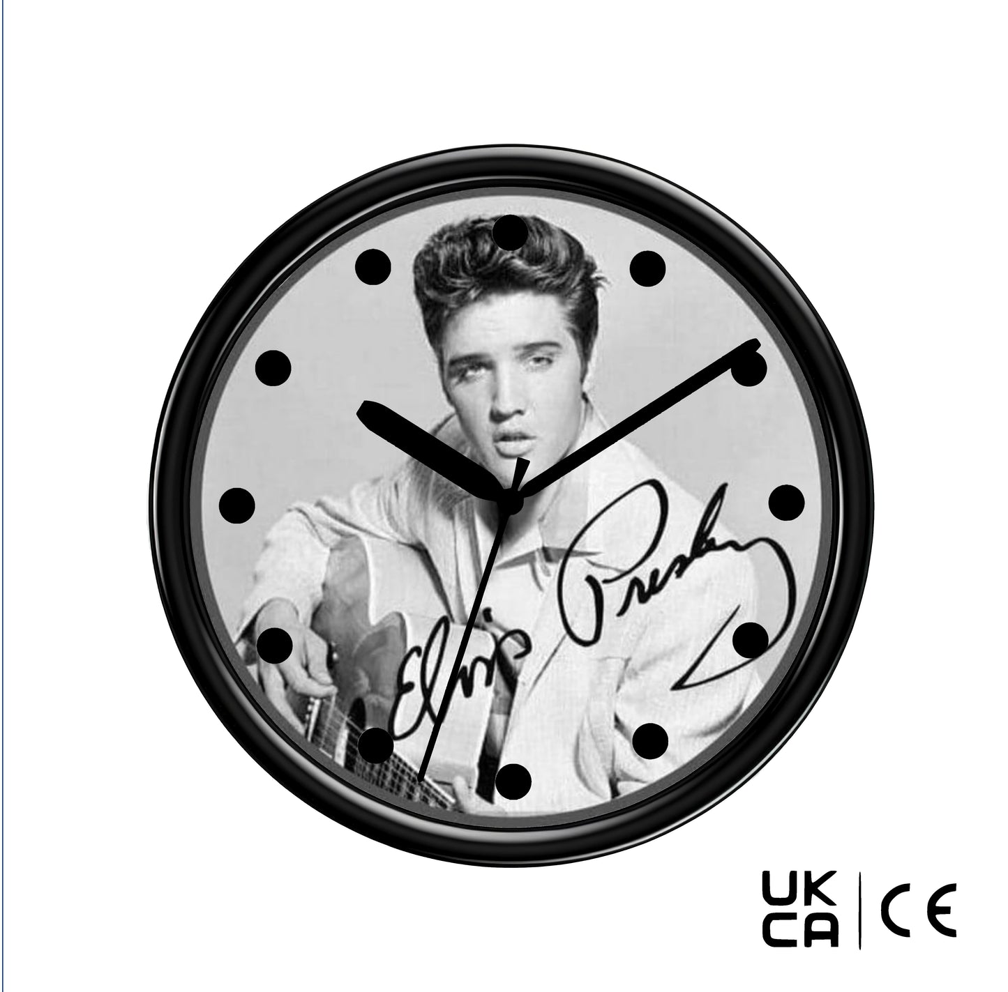 Wall clock with a black and white photo of Elvis and signature on a white background.