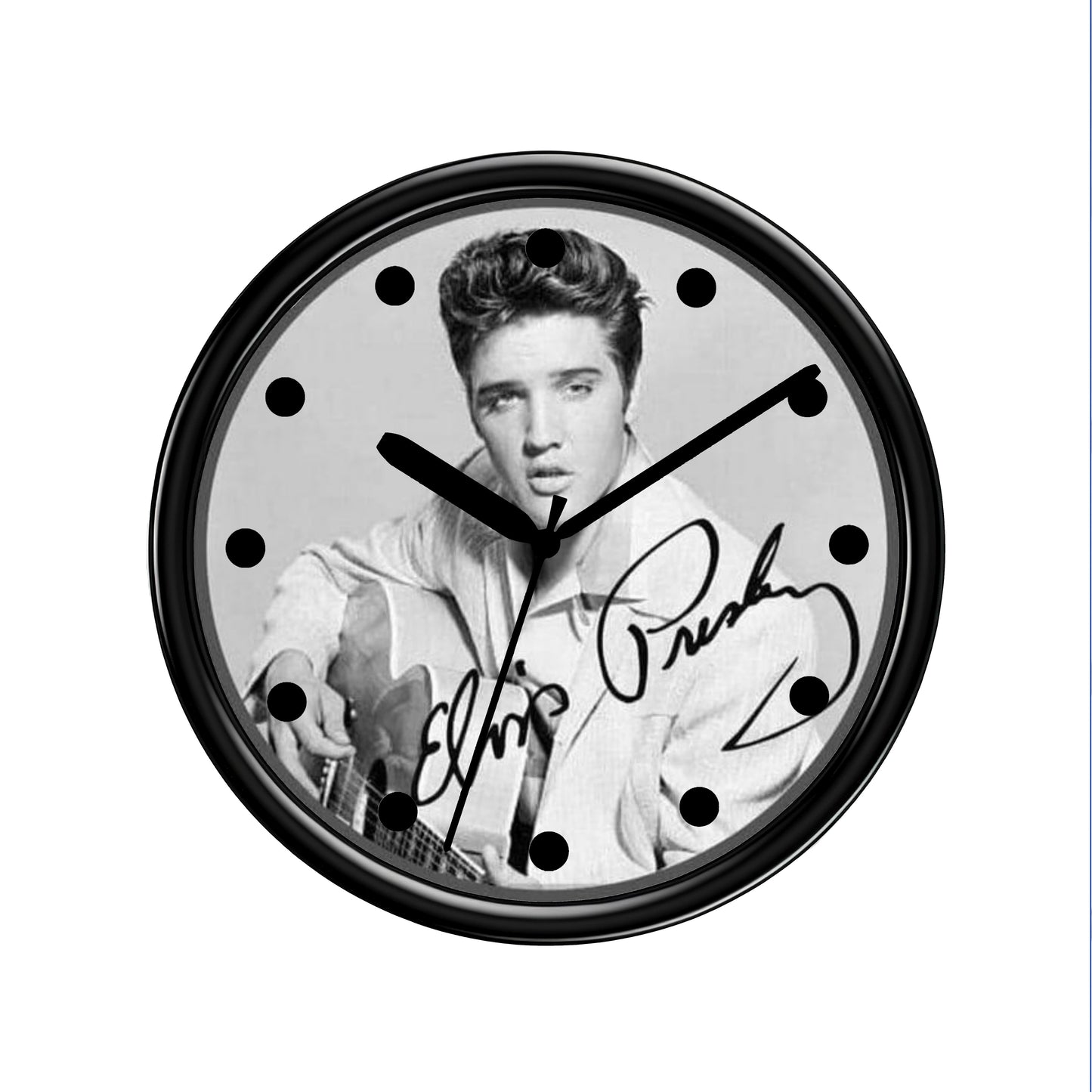 Black Wall clock with a black and white photo of Elvis The King of Rock and Roll and signature on a white background