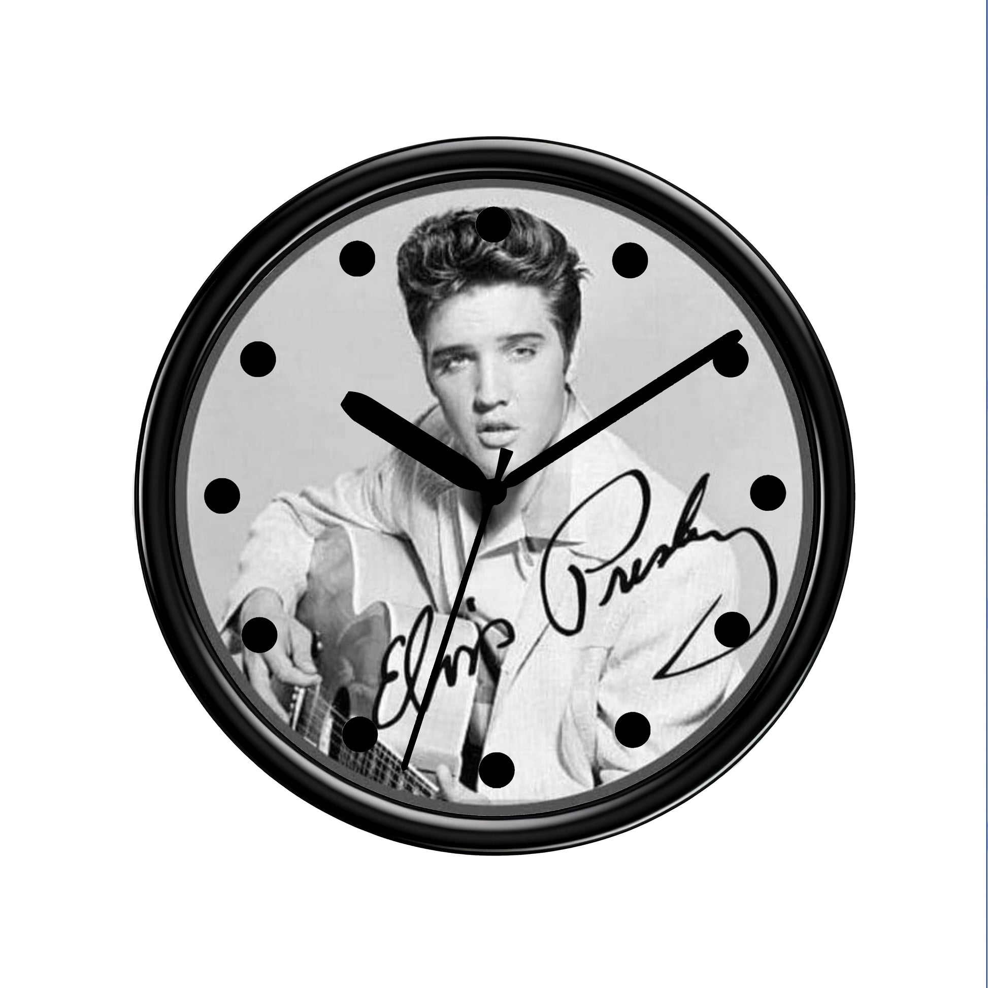 Black Wall clock with a black and white photo of Elvis The King of Rock and Roll and signature on a white background