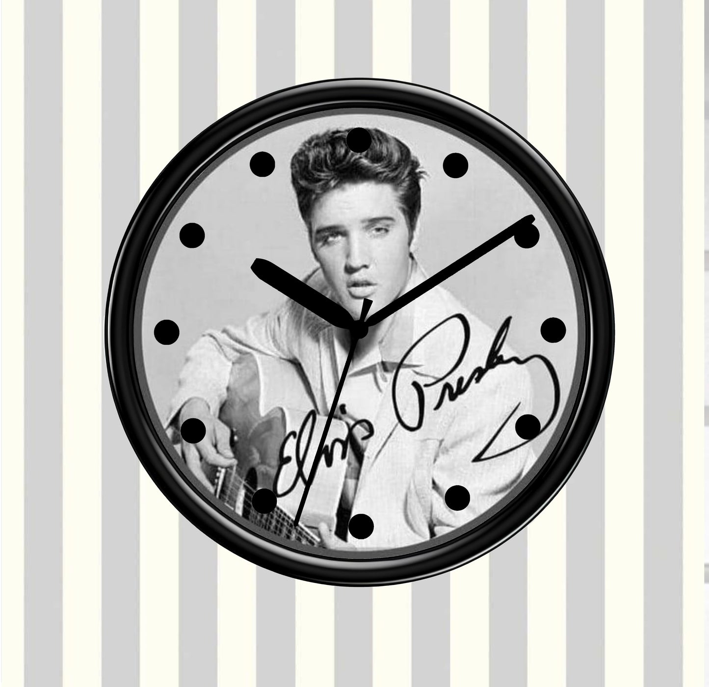 Wall clock with a black and white photo of Elvis Presley on a striped background