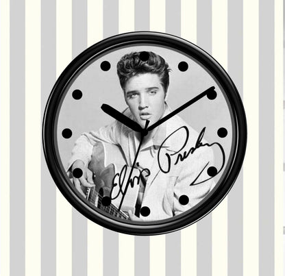 Wall clock with a black and white photo of Elvis Presley on a striped background