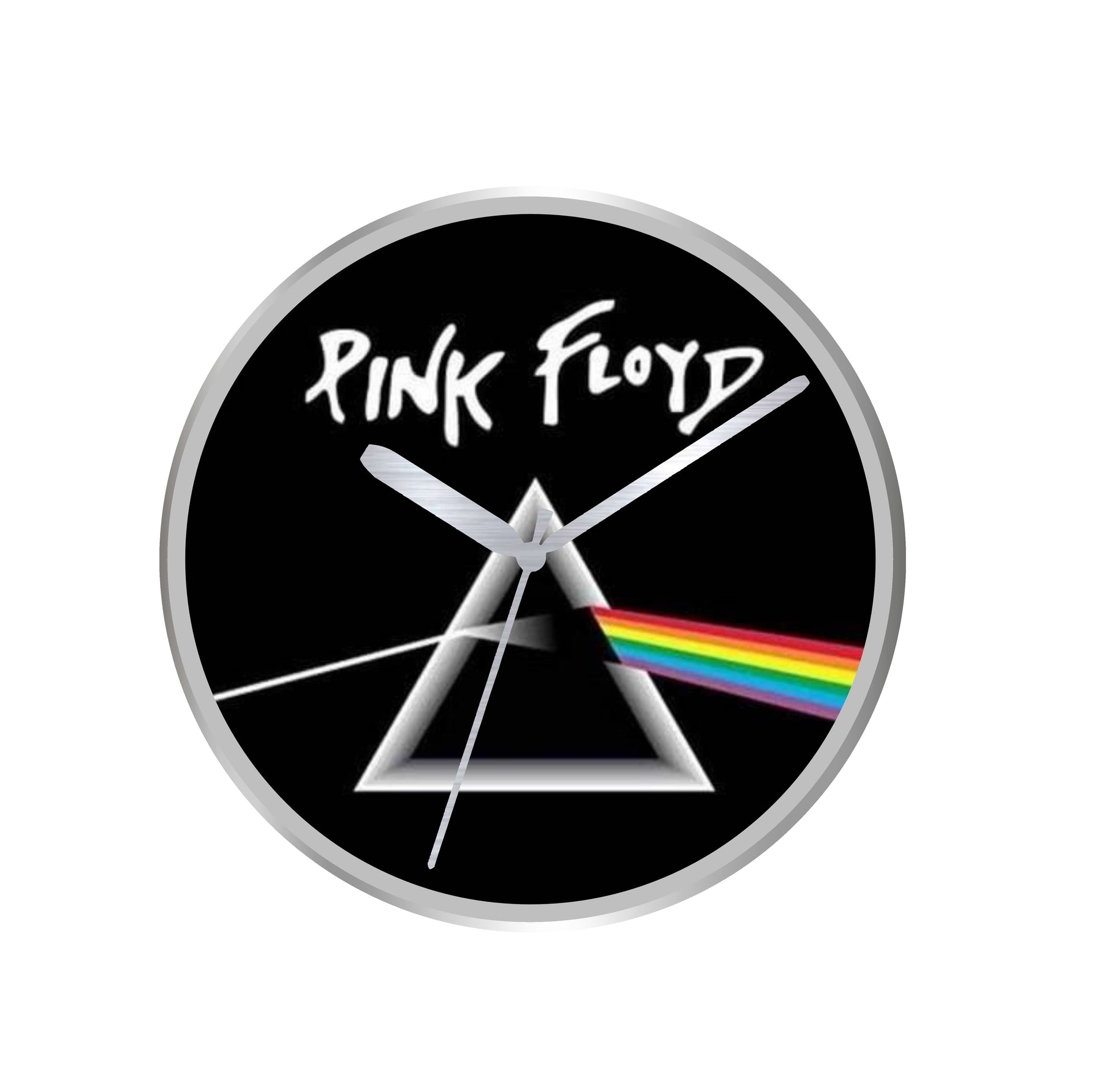 Pink Floyd clock with dark side of the moon design on a white background