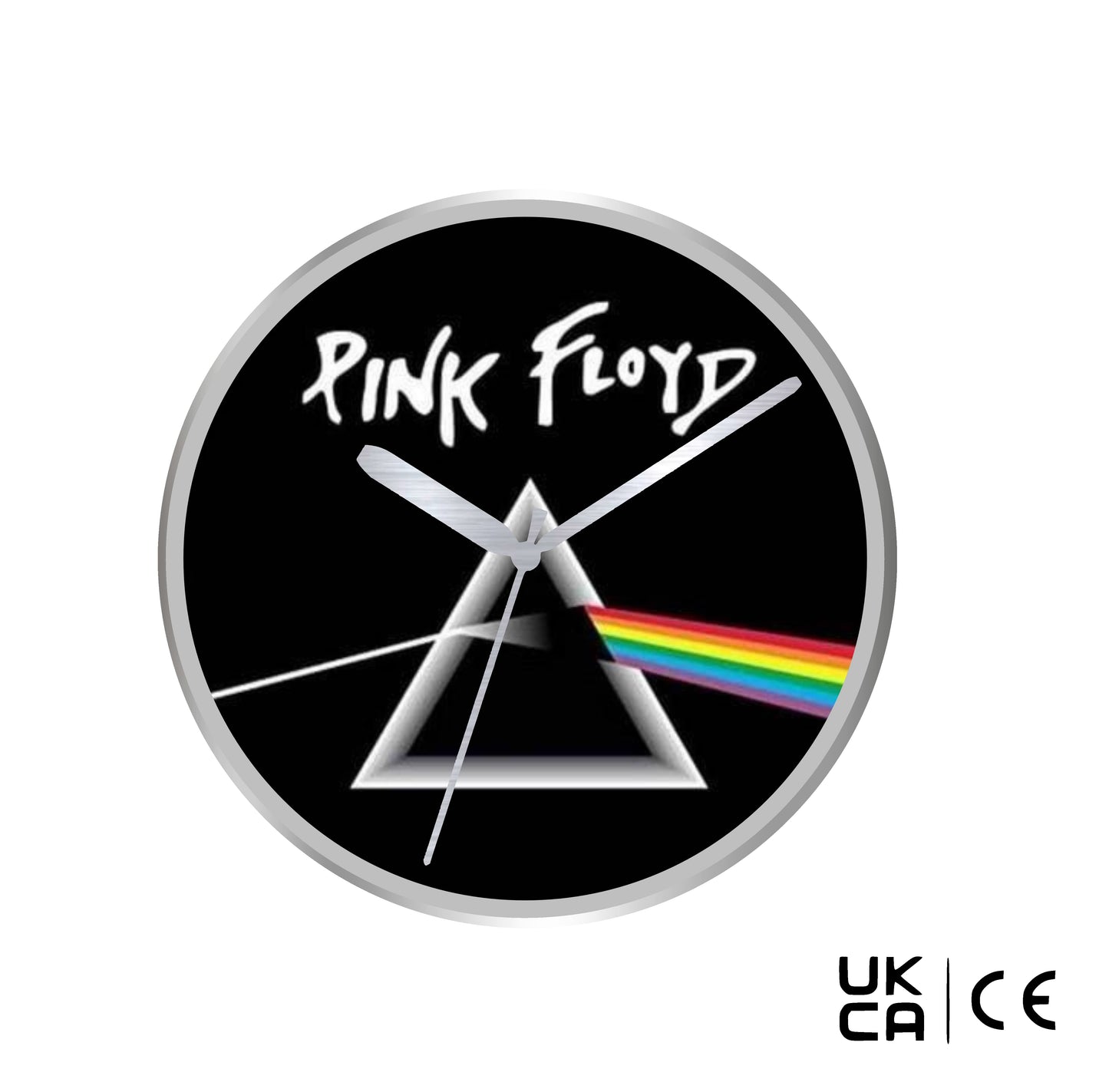 Pink Floyd wall clock with dark side of the moon design on a white background