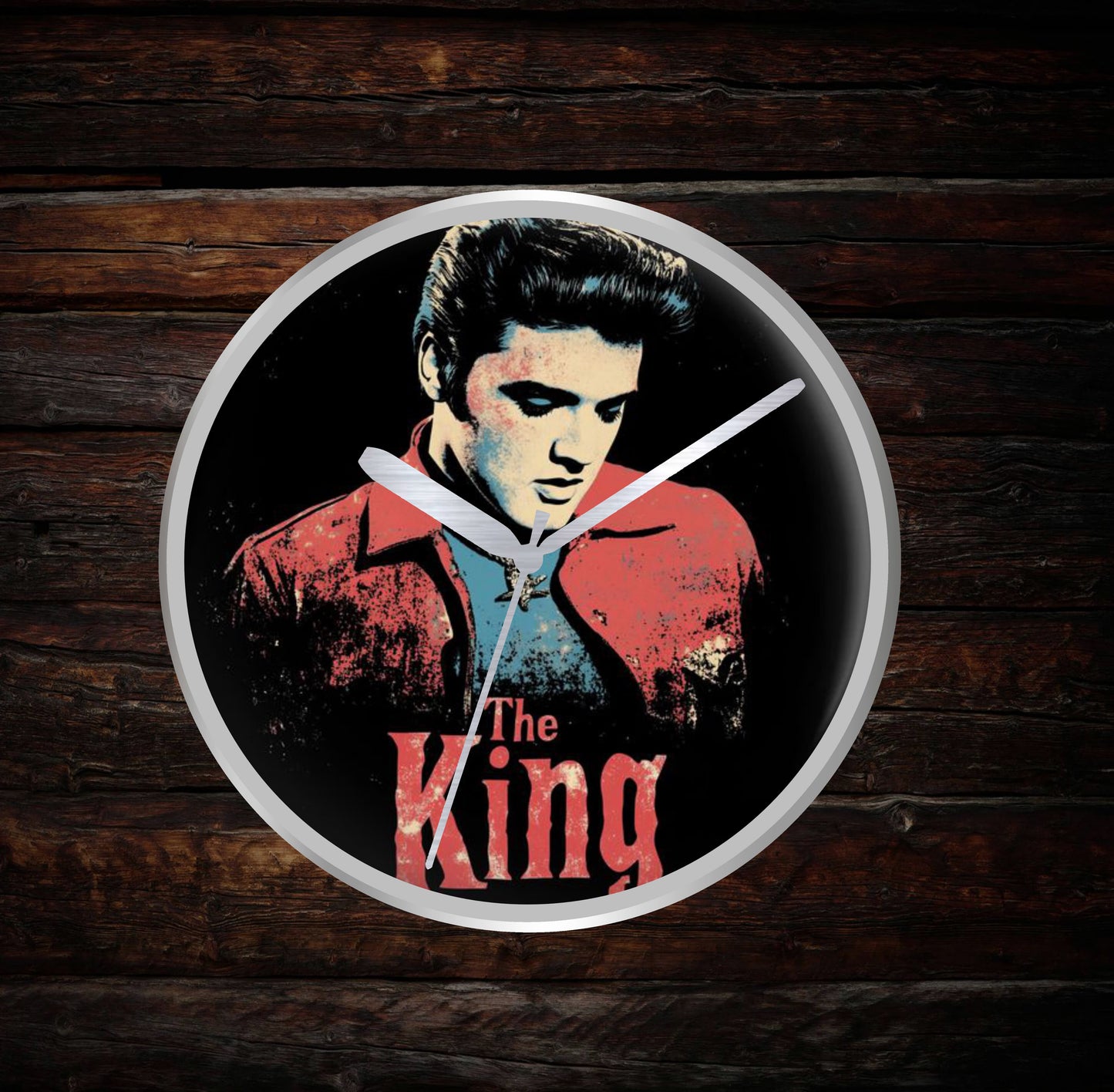 Silver Wall clock with a stylized portrait of a famous person and 'The King' text on a dark background.