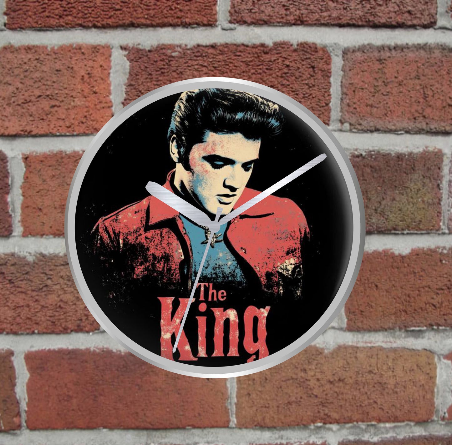 Wall clock with 'The King' Elvis Presley 
design on a brick wall background