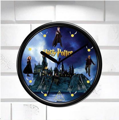 Wall clock with Potter design featuring characters and castle.