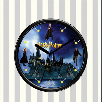 Wall clock with Wizard design featuring characters and castle.