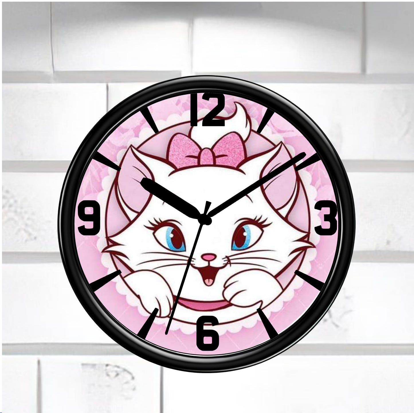Wall clock with a cartoon cat design on a white background