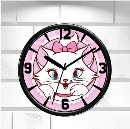 Wall clock with a cartoon cat design on a white background